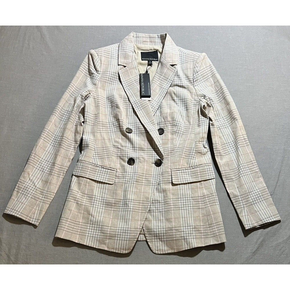 Banana Republic Blazer Womens 2 Beige Linen Double Breasted Lined MSRP $199.